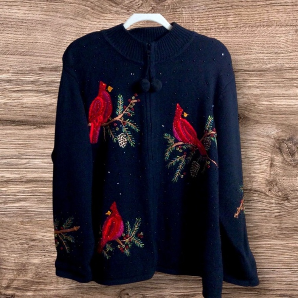 Heirloom Collectibles sequin Christmas Cardinal sweater. Black 2X